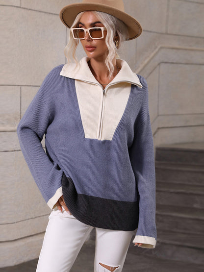 Pullover Color Block Knit Long Sleeve Zippered Sweater