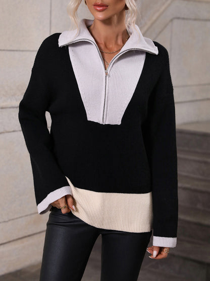 Pullover Color Block Knit Long Sleeve Zippered Sweater
