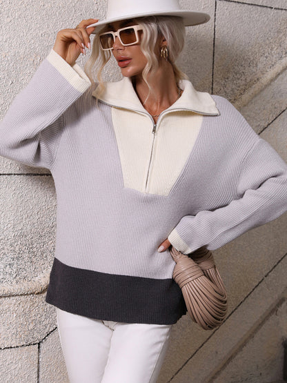 Pullover Color Block Knit Long Sleeve Zippered Sweater