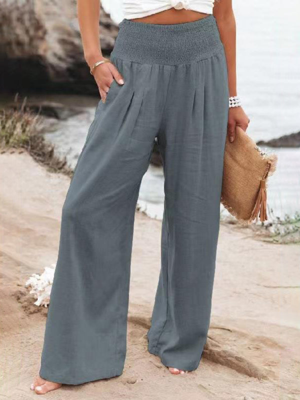 Women's casual wide-leg slub cotton loose trousers