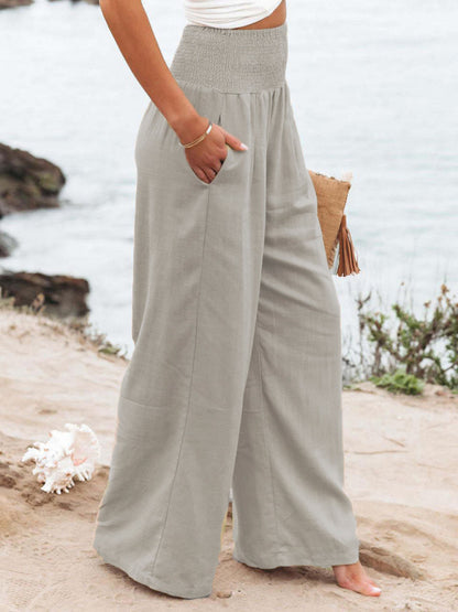 Women's casual wide-leg slub cotton loose trousers