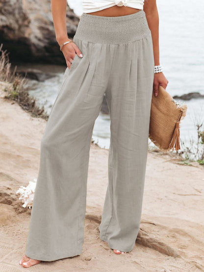 Women's casual wide-leg slub cotton loose trousers