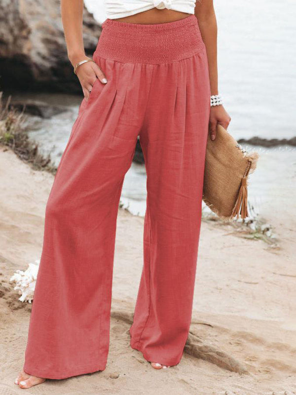 Women's casual wide-leg slub cotton loose trousers