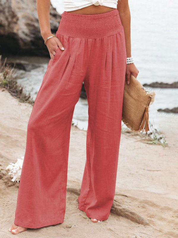 Women's casual wide-leg slub cotton loose trousers