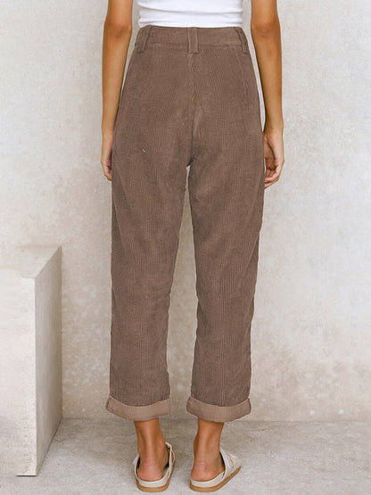 High Waist Lounge Pants Solid Color Corduroy Loose Straight Leg Trousers