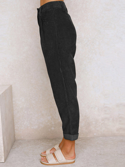 High Waist Lounge Pants Solid Color Corduroy Loose Straight Leg Trousers