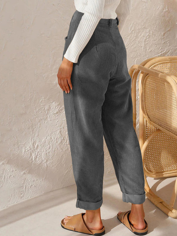 High Waist Lounge Pants Solid Color Corduroy Loose Straight Leg Trousers