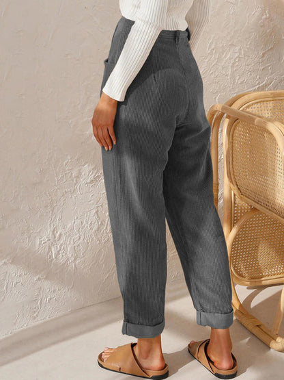 High Waist Lounge Pants Solid Color Corduroy Loose Straight Leg Trousers