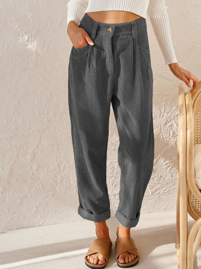 High Waist Lounge Pants Solid Color Corduroy Loose Straight Leg Trousers