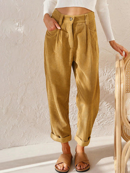 High Waist Lounge Pants Solid Color Corduroy Loose Straight Leg Trousers