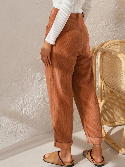 High Waist Lounge Pants Solid Color Corduroy Loose Straight Leg Trousers