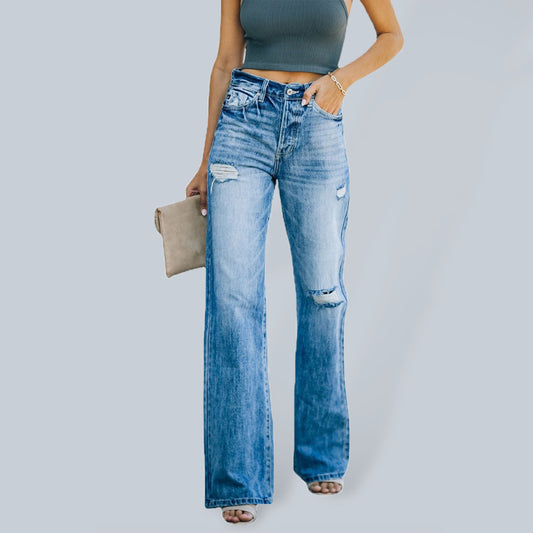 Women's jeans fashion wash ripped wide leg pants denim trousers