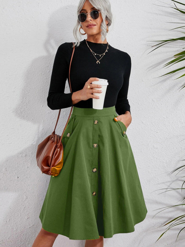 Women's Pocket Button Elegant Midi Skirt