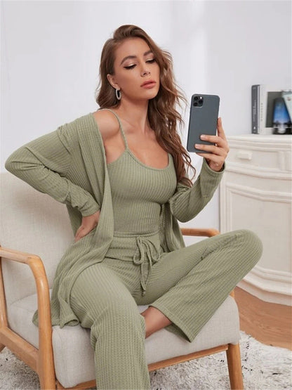 Loungewear Women's Waffle Knit Long Three-Piece Suit