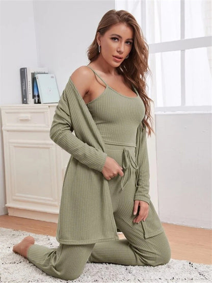 Loungewear Women's Waffle Knit Long Three-Piece Suit