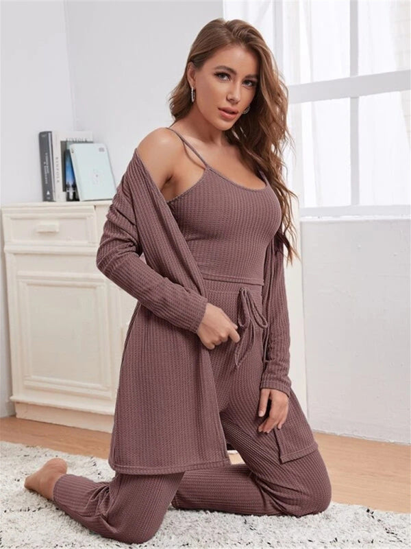 Loungewear Women's Waffle Knit Long Three-Piece Suit