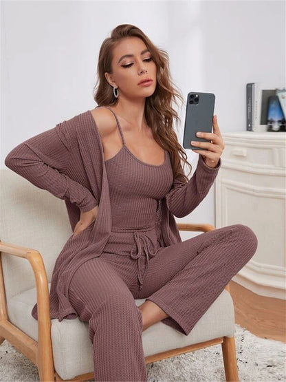 Loungewear Women's Waffle Knit Long Three-Piece Suit