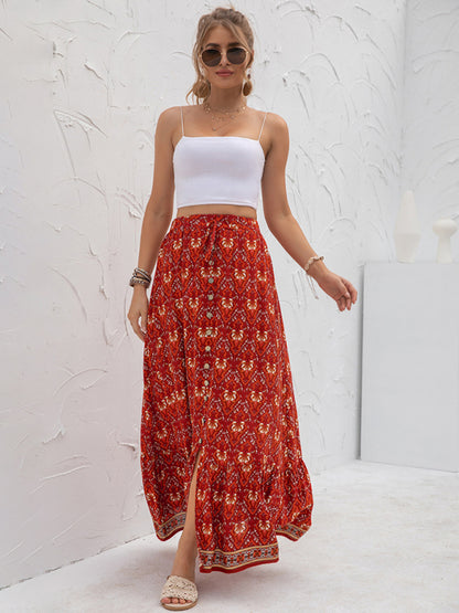 Women's New Arrival High Waist Printed Breasted Button Slit Skirt