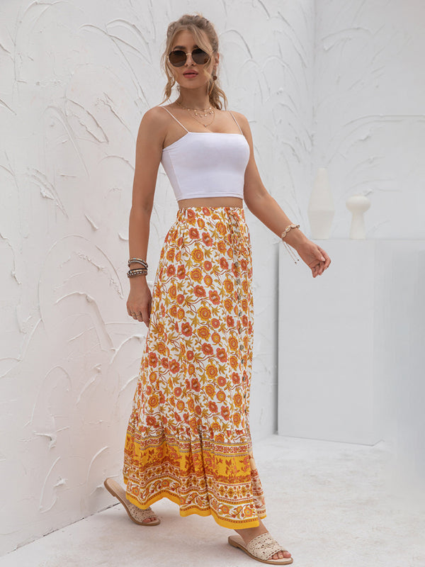 Women's New Arrival High Waist Printed Breasted Button Slit Skirt