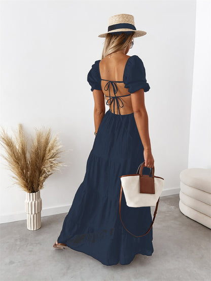 New style short-sleeved off-the-shoulder solid color backless strappy commuter high-waisted dress