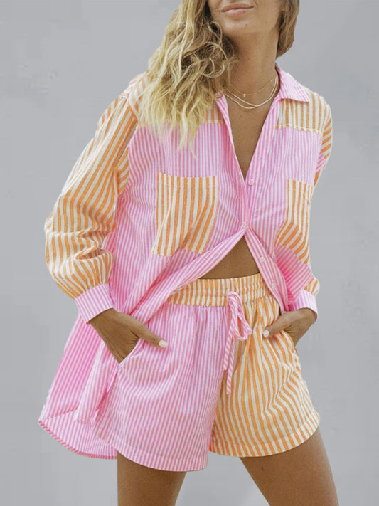 Summer Beach Sportswear Shorts Set Striped Shirt Tops Shorts Set Two-Piece Set