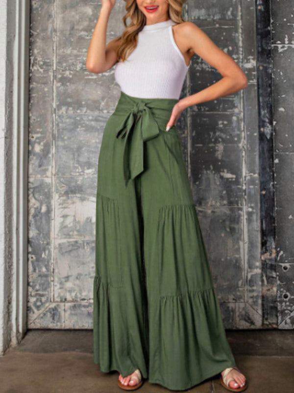 Women's woven strap elastic waist this kind of wide-leg A-type casual trousers