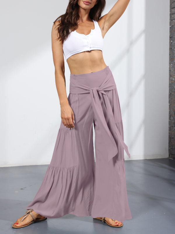 Women's woven strap elastic waist this kind of wide-leg A-type casual trousers