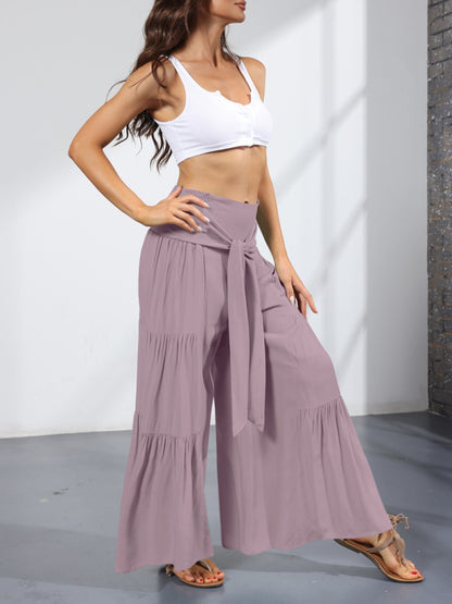 Women's woven strap elastic waist this kind of wide-leg A-type casual trousers