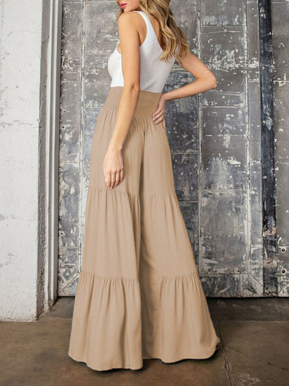 Women's woven strap elastic waist this kind of wide-leg A-type casual trousers