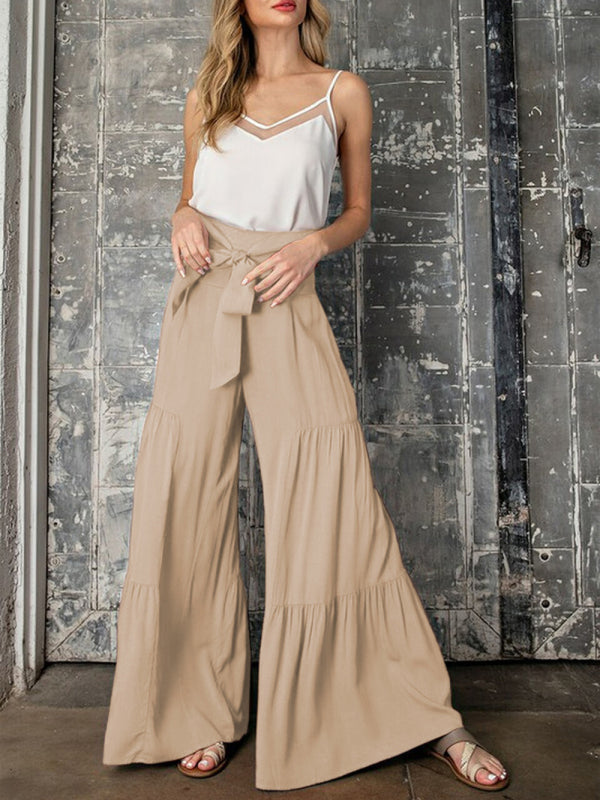 Women's woven strap elastic waist this kind of wide-leg A-type casual trousers