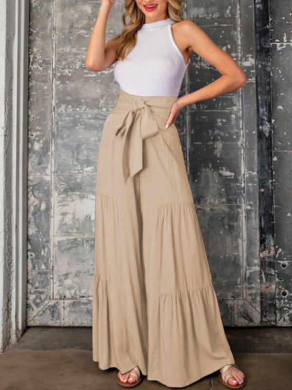 Women's woven strap elastic waist this kind of wide-leg A-type casual trousers