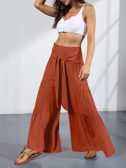 Women's woven strap elastic waist this kind of wide-leg A-type casual trousers