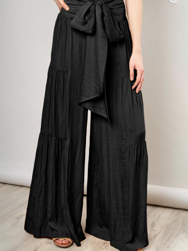 Women's woven strap elastic waist this kind of wide-leg A-type casual trousers