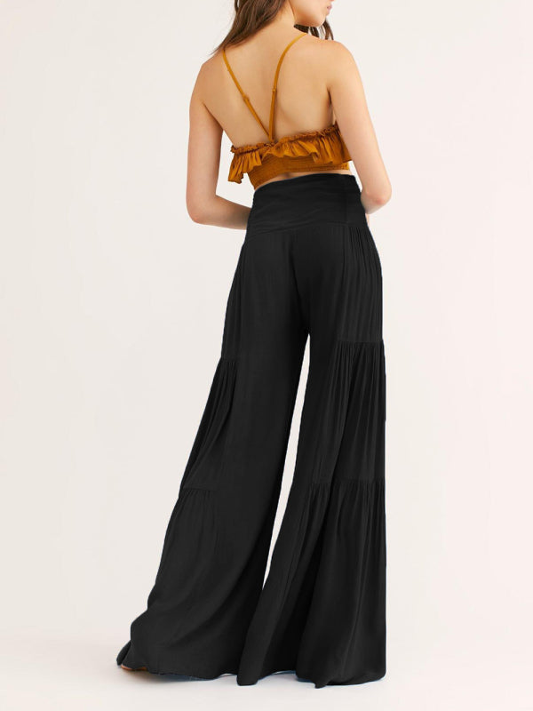 Women's woven strap elastic waist this kind of wide-leg A-type casual trousers