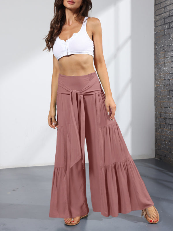 Women's woven strap elastic waist this kind of wide-leg A-type casual trousers