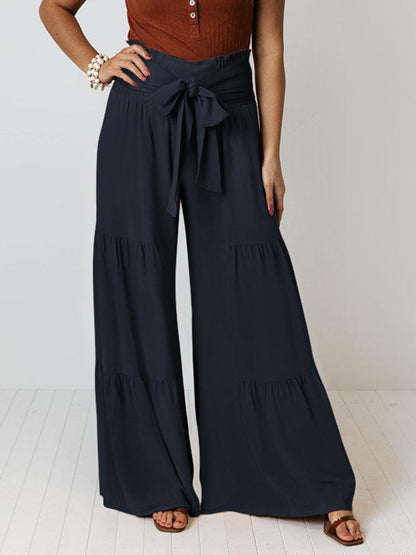 Women's woven strap elastic waist this kind of wide-leg A-type casual trousers