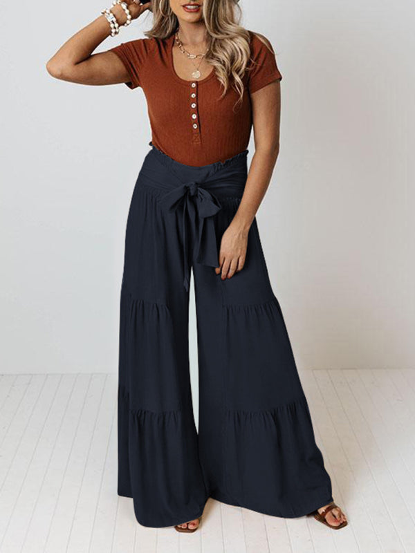 Women's woven strap elastic waist this kind of wide-leg A-type casual trousers