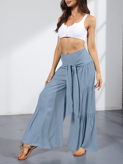 Women's woven strap elastic waist this kind of wide-leg A-type casual trousers