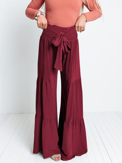 Women's woven strap elastic waist this kind of wide-leg A-type casual trousers