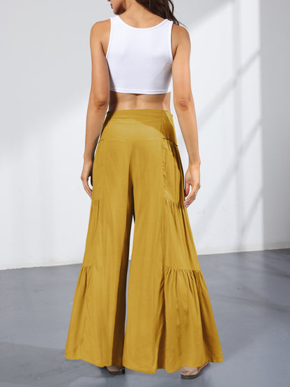 Women's woven strap elastic waist this kind of wide-leg A-type casual trousers