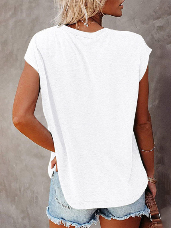 Women's Tops Solid Color Pocket Off Shoulder Round Neck Short Sleeve Women's T-Shirt