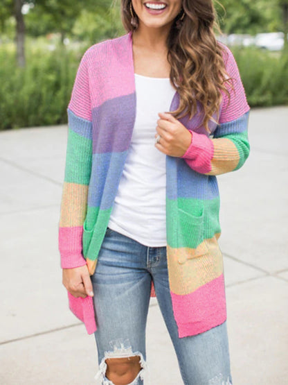 Sweater Loose Color Long Sleeve Contrasting Color Striped Knit Cardigan Jacket