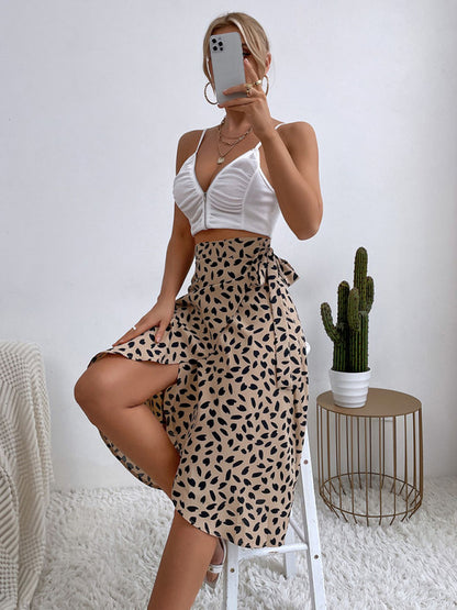 Women's casual all-match temperament polka dot print slit skirt