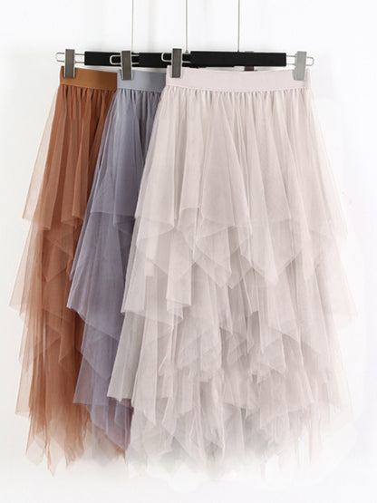 Mesh splicing skirt high waist slimming solid color mid-length fairy skirt