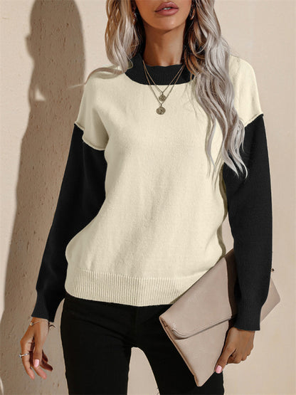 Women's casual color contrast loose long-sleeved pullover sweater