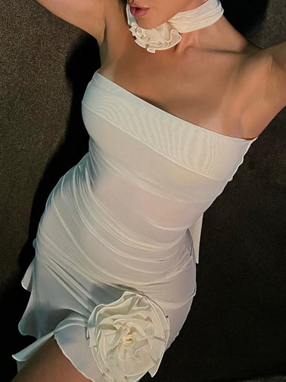 Sexy mesh see-through flower tube top dress