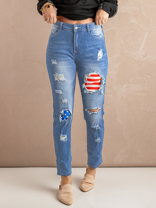 Women's Striped Stars Print Casual Denim Trousers