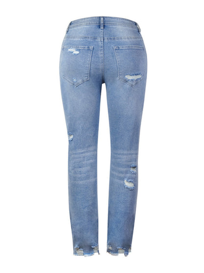 Straight Washed Frayed Tassel Slim High Elastic Skinny Jeans