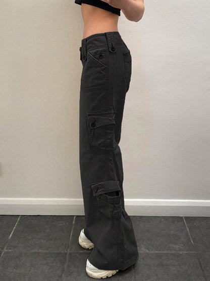 Women's Retro Style Irregular Large Pocket Wide Belt Design Cargo Trousers