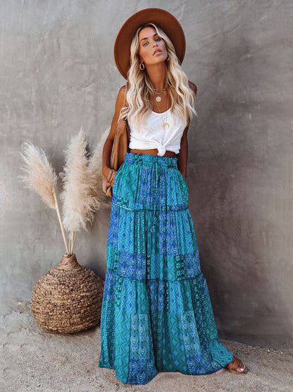 New Bohemian style skirt European and American loose casual high waist long skirt